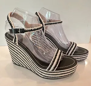 New BP Crochet Platform Wedge Sandals Sz 9 Black Cream Espadrilles Heels thumbnail 1