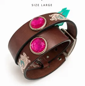 American Bison Large Brown Leather Western Belt Pink Conchos Floral Accent NWT thumbnail 1