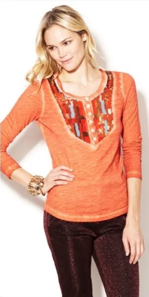Free People Tiger Eyes Orange Sequin Bib Long Sleeve Henley thumbnail 1