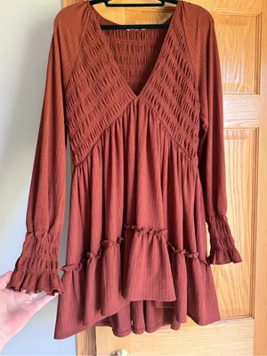 Altar’d State Smocked V-Neck Tiered Ruffle Mini Dress Rust Brown Orange Boho M thumbnail 1