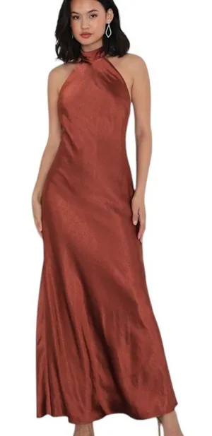 Lulus Brown Satin Halter Maxi Dress Size Small NWT Wedding Guest Dress thumbnail 1