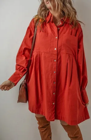 Aura Oversized Shirt Dress Large Rust Red Linen Cotton‎ Pleated Boho Tunic thumbnail 1