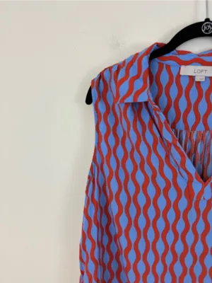 LOFT Sleeveless V-Neck Wave Print Top in Orange and Light Blue Size Large thumbnail 3