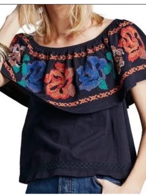 Free People “ To the Left” Black off-the-shoulder peasant top Size Small thumbnail 1