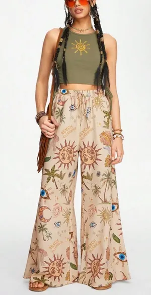 New Moon Stars Sunflower Evil Eye Printed Flared Pants New In Poly Bag thumbnail 1