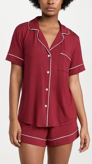 Eberjey Gisele pajama sangria top short sleeve modal shirt ivory piping pocket thumbnail 1