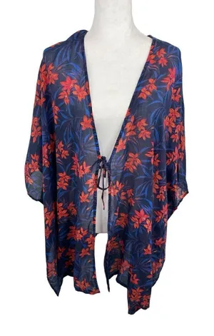 Denim & Co. Women's Beach Tie-Front Cover-Up Top Navy Blue Tropical L/XL thumbnail 1