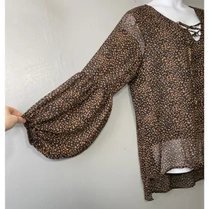 Flowy Whimsigoth Lace Up Top Plus Size 2XL Black Brown Sheer Renaissance Boho thumbnail 2