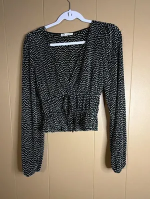 Zara Black and White Polka Dot Pleated Long Sleeve Peplum Crop Blouse thumbnail 1