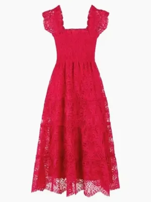 NWT Hill House Ellie Nap in Cerise Red Lace Smocked Midi Dress S thumbnail 2