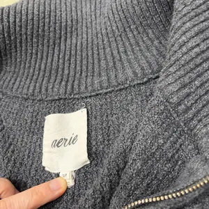 Aerie Women's Sweater CozyUp Waffle Knit Quarter Zip Gray Boxy Oversized Sz S thumbnail 5