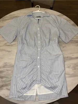 NWT KBB by Kahlana The Ruched Shirt Dress Striped Blue White Medium Mini Dress thumbnail 5