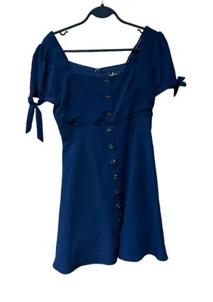 Lulus Blue Button Front Bow Sleeve Mini Dress Small thumbnail 1