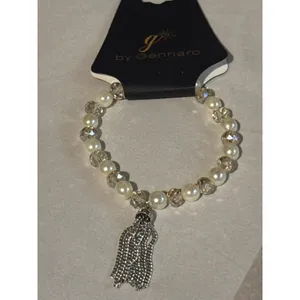 G by Gennaro Bracelet NWT Faux Pearl Crystal Beaded Silver Tassel Stretch thumbnail 2