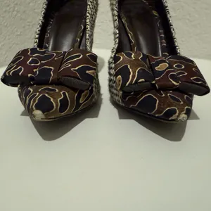 Tory Burch Cleo Tweed and Silk Bow High Heel Pump Brown Navy Leopard Size 7 thumbnail 3