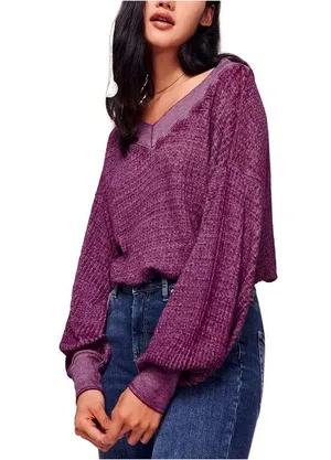 We The Free Free People Womens South Side Thermal Sweater, Purple, Small thumbnail 1