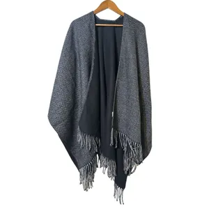 Terra Di Siena Grey and Black Shawl Open Front Wrap with Fringe One Size thumbnail 2