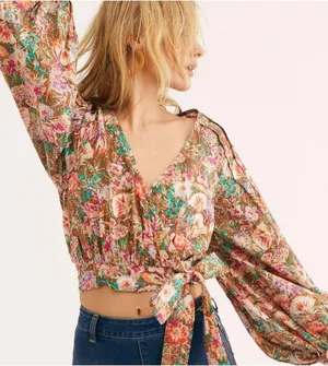 Free People party playlist cotton floral wrap blouse thumbnail 1
