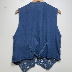 VTG Y2K Women 100% Cotton Western Vest Large Blue Denim Lattice Crochet Cowgirl‎ thumbnail 8