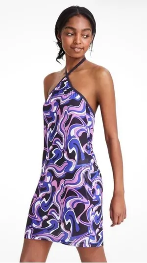 Miken High Neck Swim Cover‎ Up Medium NWT Y2K Swirl Halter Sheer Beach thumbnail 1