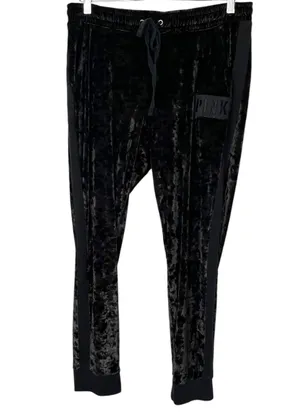 Victorias Secret PINK Womens Black Velvet Drawstring Joggers Size L thumbnail 1