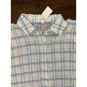POL Clothing Frayed Ocean Blue Button Down Shirt Flared Sleeves‎ LARGE NWT thumbnail 4