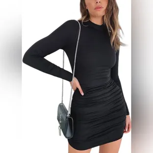 🦄* New! Black High Neck Long Sleeve Sheer Ruched Bodycon Mini Party Dress XXS thumbnail 4