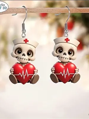 ❤️‍🩹❤️‍🩹❤️‍🩹3 for 12$❤️‍🩹❤️‍🩹❤️‍🩹Cute Nurse Skull Heart Earrings - Red thumbnail 3