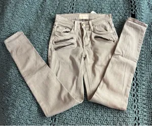Mother Denim Skinny Jeans Tan Taupe Moto Zipper Pocket Stretch Pants Womens thumbnail 1