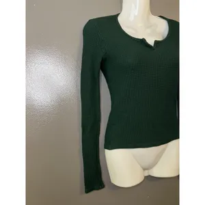 American Eagle Waffle Knit Shirt Womens Small Green Scoop Neck Long Sleeve Top thumbnail 2