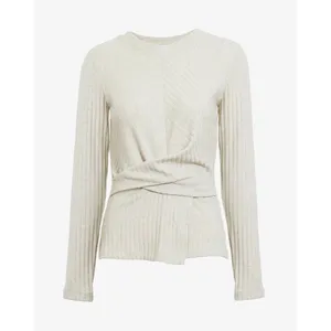 Tanya Taylor Kelsey Rib Knit Twist Front Long Sleeve Top‎ Beige M thumbnail 5