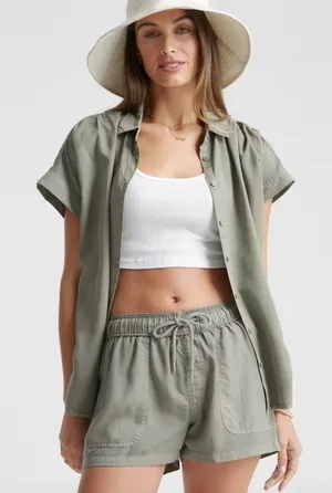 Quince Olive Green Vintage Wash Tencel Short Sleeve Camp Shirt - Size - Medium thumbnail 1