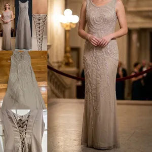 Wedding Dress Taupe/Silver& pearl Beaded Formal Gown Dress size 12 thumbnail 4