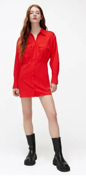 Zara Red Poplin Mini Shirt Dress with Long Sleeves NWT thumbnail 1