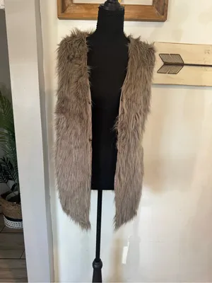 Faux Fur Open Front Vest in Taupe Brown thumbnail 4