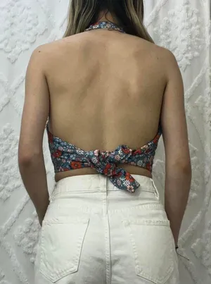 Originality Y2k Blue Floral Deep V Halter Top thumbnail 4