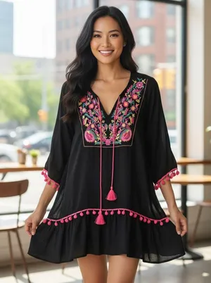 Embroidered Black Tassel Boho Pompoms Detail Mini Dress Womens Hippie Size M thumbnail 1