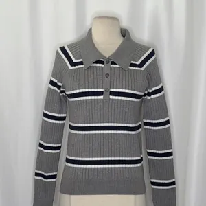 BOHME Striped Polo Henley Sweater Gray Navy Blue White Buttons Pullover Large thumbnail 3