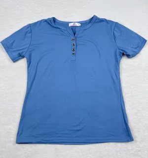 Butterfly Baby Blue Faux Button Fitted Short Sleeve Top Size L Stretch EUC thumbnail 1