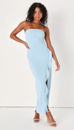 NWT Lulus After Hours Light Blue Strapless Ruffled Maxi Dress Gala Banquet Sz M thumbnail 1