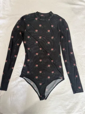 Bershka Black Long-Sleeve Floral Mesh Bodysuit thumbnail 1