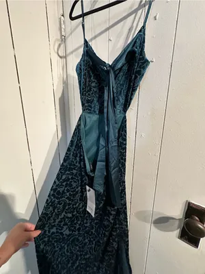 AKIRA NWT Elegant Teal Green Velvet Slip Dress with Floral Burnout side cutout thumbnail 2