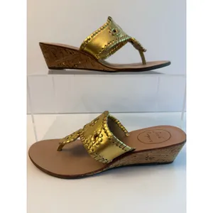 Jack Rogers Cork Wedge Sandals Womens Size 7 Gold Metallic Whipstitch Resortwear thumbnail 4