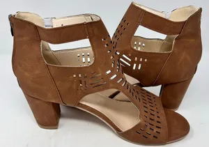 Roman Style Hollow Out‎ Peep Toe Square Heel Brown Sandals Size 43 = 10 thumbnail 1