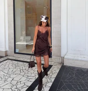 Zara Elegant Brown Lace Slip Satin Mini Asymmetric Dress blogger favorite thumbnail 3