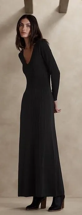 Banana Republic Aicha Maxi Sweater Dress Black Ribbed V-Neck Long Sleeve XXS‎ thumbnail 1