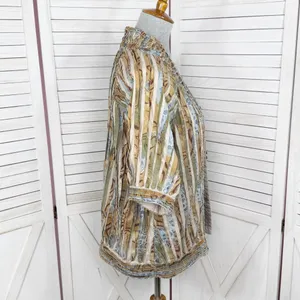 Chicos Shirred Cut Away Art To Wear Short Sleeve V Neck Jacket Tan Multi‎ Large thumbnail 3