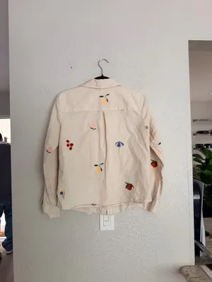 Sézane x Pangea Tomboy Shirt Fruit Floral Embroidered Ecru Linen Button down thumbnail 9