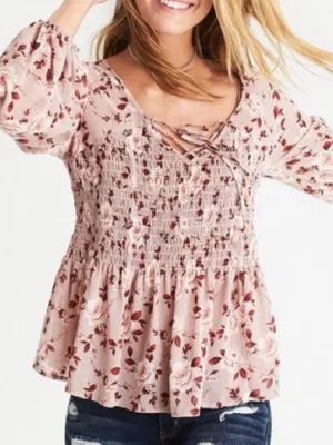 AMERICAN EAGLE Smocked Tan Floral Boho Tiered Peasant Top Size Small thumbnail 1
