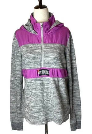 PINK Victoria's Secret Sweatshirt Women XS Purple Gray‎ Hooded Half Zip Retro thumbnail 1